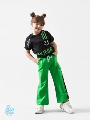 G5 Girls’ Cotton Summer Smiley Graphic T-Shirt & Wide-Leg Cargo Pants Set – 2 Pieces – Code 3554